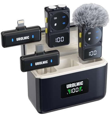 UROLMIC Wireless Microphone for iPhone Android with Noise Reduction | 45H Battery Life, Charging Case with Digital Display, 50M Transmission for Vlog, TikTok, Streaming and Recording