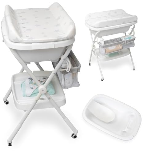 Interbaby Bañera Cambiador Bebé Plegable con Patas y Ruedas – Bañera Bebe Plegable con Hamaca Extraible, Reductor, Tapón y Antideslizante | Portátil, Fácil de Guardar | Modelo Dino