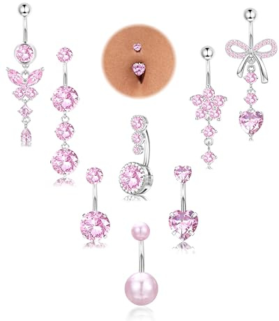 Milacolato 8 Pcs Piercing Ombelico Acciaio Chirurgico Piercing Ombelico | Pendente Oro Argento Rosa Blu CZ Cuore 14G Lungo Barbell Ventre Piercing Ombelico Anello Gioielli Donna 10mm