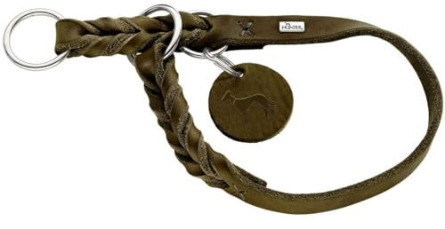 HUNTER Dressurhalsung SOLID EDUCATION, Farbe: oliv, besonders belastbares Leder, handgeflochten, mit Stoppring, Made in Germany, Größe: M-L