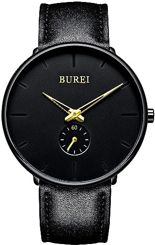 BUREI Herrenuhr Minimalistisch Schlank Schwarzes Zifferblatt Analog Quarz Uhr mit Schwarzem Mesh Armband
