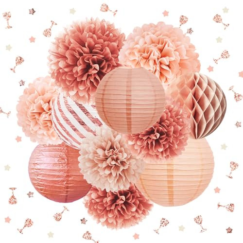 NICROLANDEE Roségold Hochzeits Party Dekorationen – 12 Stück Seiden-Pompons, Papierlaterne, glitzerndes Konfetti 30g für Valentinstag, Hochzeit, Brautparty, Babyparty, Bachelorette
