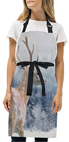 linomo Winter Tier Hirsch Verstellbare Kochschürze mit 2 Taschen Kochküche Schürzen für Frauen Männer
