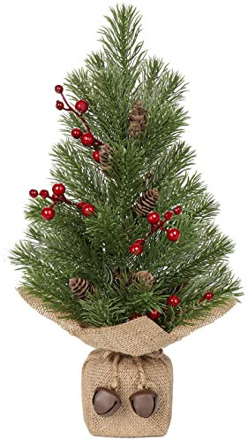 Oairse Mini Tabletop Weihnachtsbaum in Sackleinen Basis 40,6 cm/16 Zoll Künstliche Tannenzweige und rote Beeren, für Weihnachtsdekoration Wohnkultur Küche Esstisch