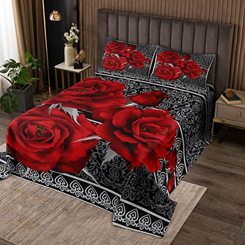 Rote Rose Blumen Bettdecke 220x240cm,Blumen und Botanische Themen Bett/Sofabezug 3 Stück für Mädchen Teens,Graue exotische Spitze gesteppte Tagesdecke mit 2 Kissenbezügen, Weiches Polyester