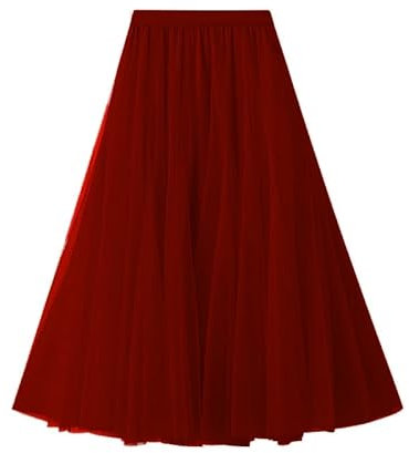 SotRong Tüllrock Lang Damen Elegant Elastisch Hohe Taille Mesh Plissee Maxirock Ballett Hochzeit Party Abschlussball Sommerrock Weinrot