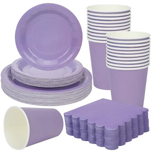 Ziliny 150 Pcs Disposable Party Dinnerware Supplies Set Includes 7'' 9'' Disposable Paper Plates 9oz Paper Cups Scalloped Cocktail Napkins for Baby Shower Birthday Wedding(Light Purple)