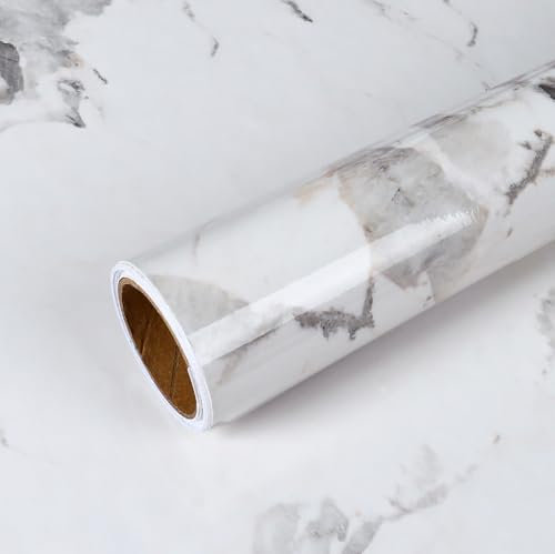 VEELIKE Papier Peint Marbre Blanc Brillante Papier Adhesif Marbre Gris Blanc Papier Autocollant Marbre Papier Peint Cuisine Autocollant Décoratifs Salle de Bain Lavable Stickers Meuble 40cm×300cm