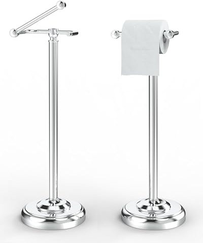 WZRUA Toilet Roll Holder Free Standing, Chrome Stainless Steel Toilet Roll Holder Stand, Double Post Pivoting Toilet Paper Holder Standing, Anti-slip Weighted Pedestal