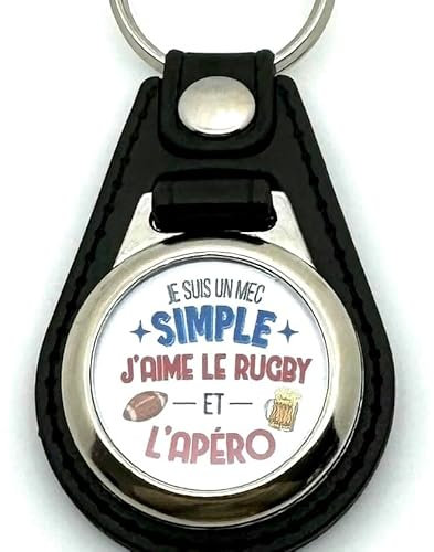Cadeau Homme Humour Rugby Apéro Porte clés métal cuir Je suis un Mec Simple, j'aime le Rugby et l'Apéro