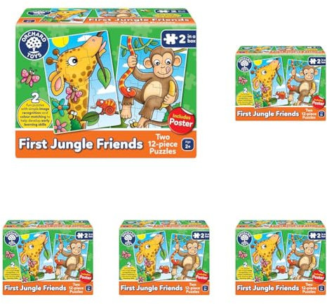 Orchard Toys First Jungle Friends Jigsaw Puzzle, 12-Piece Jigsaws, Two Puzzles in a Box, Perfect For Kids Ages 2+, Develops Hand-Eye Coordination (Pack of 5)