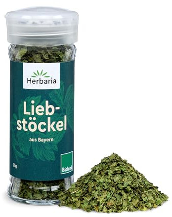Herbaria Liebstöckel bio 8g Streuer – Bio Liebstöckel in Bioland-Qualität – Bio-Maggikraut - Bio-Kräuter - Bio-Gewürz – für Suppen und Soßen - Premium Bio-Qualität - im praktischen Glas-Gewürzstreuer