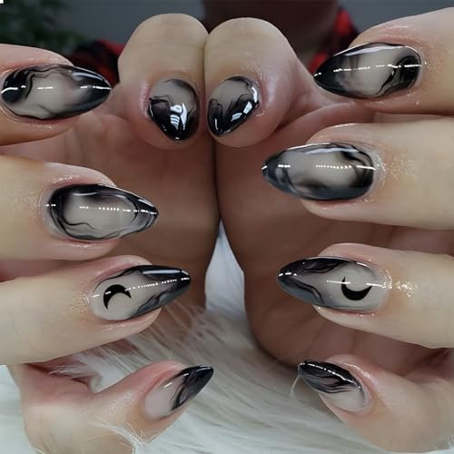 GlamRays Pack of 24 Medium Press On Nails Almond False Nails Black Gradient French Nüdescht Pink False Nails with Moon Pattern Nail Press Ons Full Extension Stick On Nails