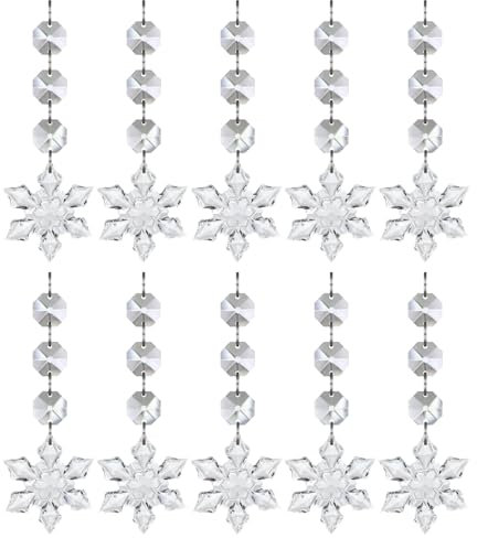 UCLEVER 10 Stück Sonnenfänger Anhänger Kristall Suncatcher, 38mm Tropfen Kristallglas Kronleuchter Lichtfänger Kristalle Anhänger Prismen für Fenster Haus Garten Windspiel (Schneeflocke)