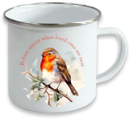 Christmas Robin Enamel Mug Gift, Message 'Robins Appear When Loved Ones are Near'