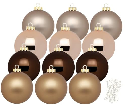 Inge Glas große Weihnachtskugeln mit Haken | Christbaumkugeln aus Glas | Set 12 Kugeln 8cm groß und 40 Aufhänger | Christbaumschmuck Weihnachtsbaumkugeln (Elegant Lounge | braun)