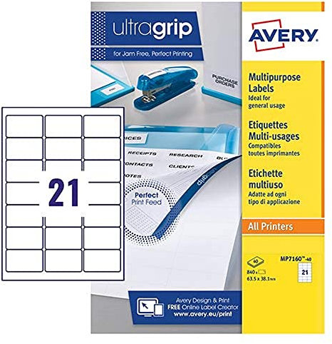 Avery Mehrzweck-Etiketten, personalisierbar, 63,5 x 38,1 mm, weiß, 21 pro Blatt, 840 Blanko-Etiketten pro Packung, 40 Blatt blanko Druckeretikettenbogen (MP7160-40)