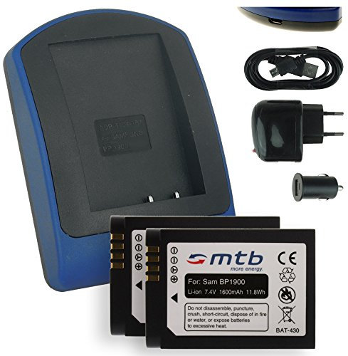 2 Batteries + Chargeur (USB/Auto/Secteur) BP1900 pour Samsung Smart Camera NX1 NX-1 (7.4V - 1600mAh - mit INFOCHIP)