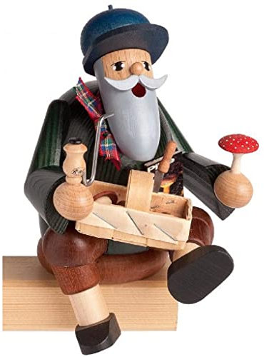 KWO Olbernhau Räuchermann Pilzsucher, sitzend, 14 cm, Mehrfarbig