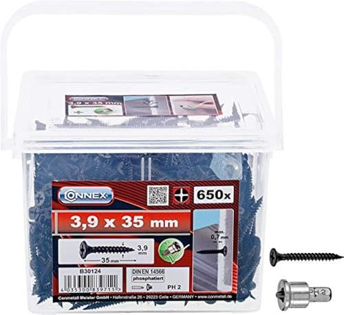 Connex Schnellbauschrauben 3,9 x 35 mm - 650 Stück - Mit Feingewinde - Trompetenkopf - PH Phillips-Antrieb - Schwarz phosphatiert - Inkl. Tiefenstopp / Trockenbauschrauben / Schrauben-Eimer / B30124