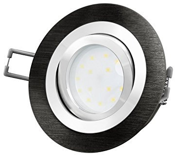 SSC-LUXon LED-Einbaustrahler Ultra flach (30mm) RF-2 rund Alu schwarz gebürstet schwenkbar mit 4W LED Modul warmweiß 2700K 230V ohne Trafo | Oberfläche schwarz eloxiert | glanzpolierter Innenring