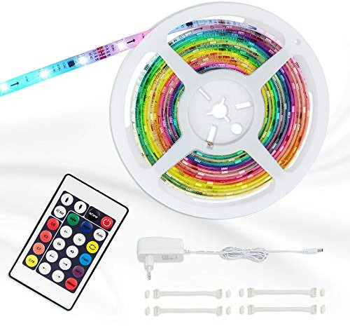 Briloner Leuchten - Digitales LED Band 5 m, inklusive Fernbedienung, LED Strip selbstklebend, 150 x RGB, Streifen dimmbar, 24 Watt, Länge: 5 m, Weiß