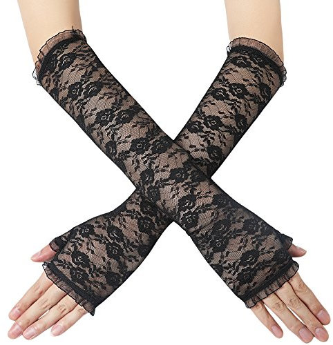 BABEYOND Fingerlose Spitzenhandschuhe für Damen, lange florale Hochzeitshandschuhe, Satin-Handschuhe, Ellenbogenlänge, Flapper-Zubehör, Schwarz, Einheitsgröße