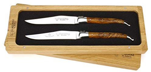 Laguiole en Aubrac - 2er Set Laguiole Steakmesser aus Frankreich - Griff Teakholz - Stahl glänzend