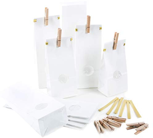 Logbuch-Verlag 10 kleine weiße Papiertüten mit Sichtfenster + Verschluss Papierbeutel mit Boden lebensmittelecht 8 x 5 x 24,5 cm Blockbodenbeutel