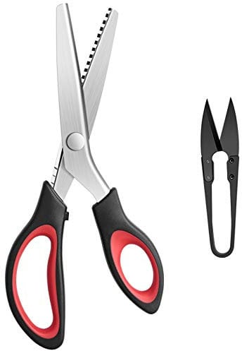 KUONIY Tijeras dentadas, mango c¨®modo, costura profesional, tijeras zig zag para tela, 23 cm, negro y rojo ¡