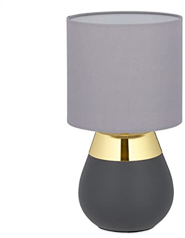 Relaxdays Nachttischlampe Touch dimmbar, moderne Touch Lampe, 3 Stufen, E14, Tischlampe, HxD: 32,5 x 18 cm, grau-gold 10029516_259