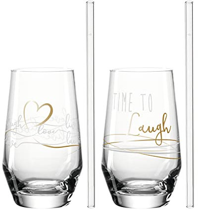 Leonardo Presente Trink-Gläser 4 teilig, spülmaschinenfeste Wasser-Gläser mit Gravur und Strohhalm, Motiv Laugh Saft-Glas Geschenk-Set 365 ml 029183