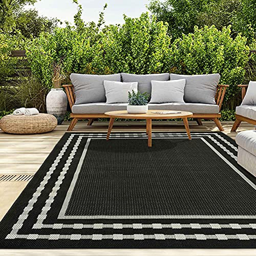 VIMODA In- und Outdoor Teppich Terrassen & Balkon Küche Teppich Bordüre Schwarz, Maße:Ø 160 cm Rund