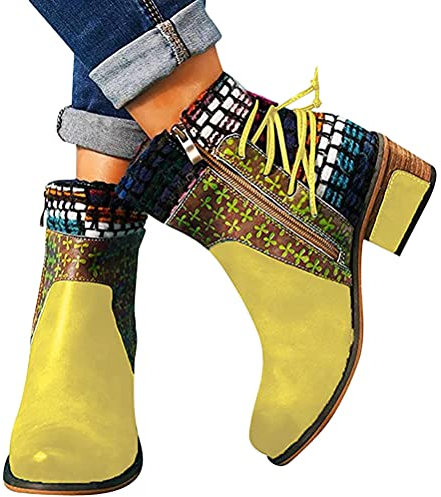 Onsoyours Stivali Corti da Donna con Tacco a Spillo Stile Vintage con Chiusura Lampo da Biker da Donna con Tacco alla Caviglia Giallo 38 EU