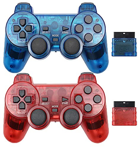 Hovlian Wireless Controller for PS2,Built-in Dual Vibration 2.4G Gamepad Joystick Compatible for Playstation 2 (2PACK, Clear Blue and Clear Red)