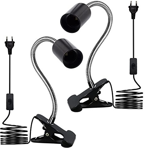 Klemmleuchte, E27-Fassung mit Clip aus Metall, 2 Stück Lampe Clip E27 mit Schwanenhals, 9 mm, Clip auf Lampenfassung mit 220 cm Kabel, Heizlampe, Klemmleuchte für Bett, Pflanzen, Tisch, Lesen