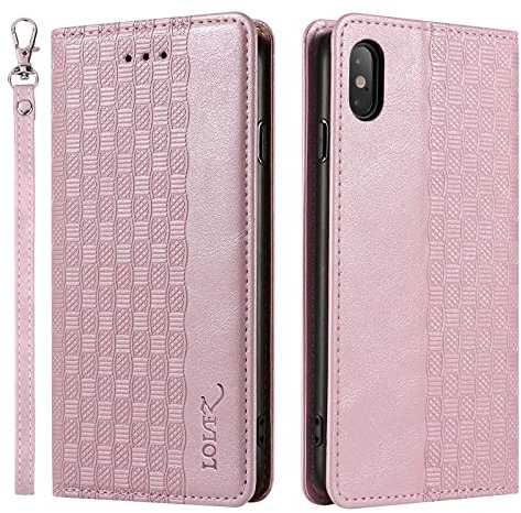LOLFZ Case for iPhone XS Max, Leather Flip Wallet Case Card Slots Kickstand Wrist Strap Protective Magnetic Phone Case Cover for Apple iPhone XS Max - Rose Gold
