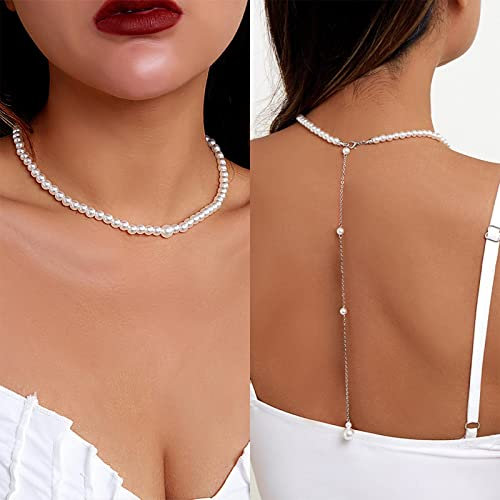Inateannal Perle Zurück Kette Halskette Für Hochzeit Braut Silber Hintergrund Perle Perlen Aussage Halskette Lange Quaste Zurück Halskette Rückenfreies Kleid Körper Zubehör Für Frauen