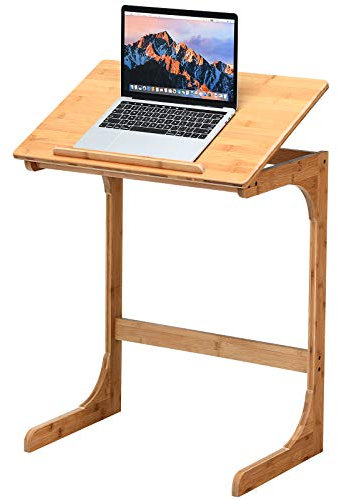 COSTWAY Adjustable C Shaped Table, Bamboo Sofa Side Table Laptop Desk with 7 Tilting Angles, Overbed Coffee Snack End Table for Living Room, Bedroom and Office (Natural)
