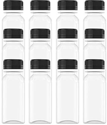 AQSXO Lot de 12 mini bouteilles de jus en plastique de 60 ml, réutilisables, avec couvercle noir, pour jus, lait et autres boissons.
