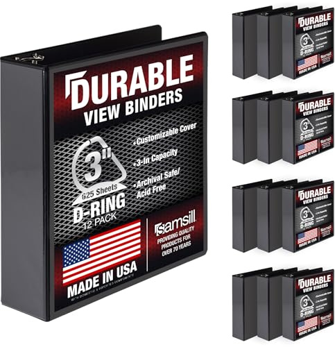 Samsill Durable 3 Ring Binder Made in The USA, 3-Inch D Ring Binder, Holds 625 Sheets, Customizable Clear View Cover, Black 12 Pack