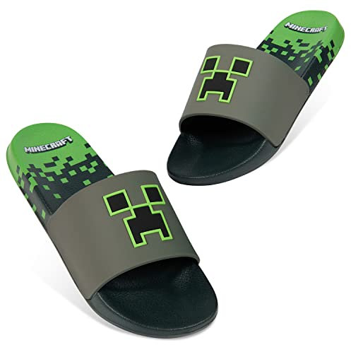MINECRAFT Ciabatta Ragazzo o Ciabatte da Mare per Spiaggia e Piscina - Regali per Gamer (Grigio/Verde Slider, 34/35 EU)