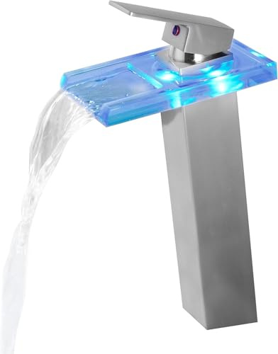 Rzoeox Robinet d'évier de salle de bain à LED, robinet d'évier haut cascade à poignée unique, 1 trou et 2 lignes d'alimentation en eau, robinet en laiton avec bec en verre ouvert