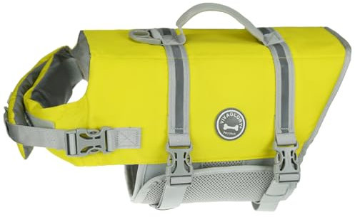 VIVAGLORY Rip Stop Schwimmweste Hund, Hundeschwimmweste, Schwimmhilfe & Auftrieb, Rettungsweste Hund für Bootfahren, M, Gelbgrau