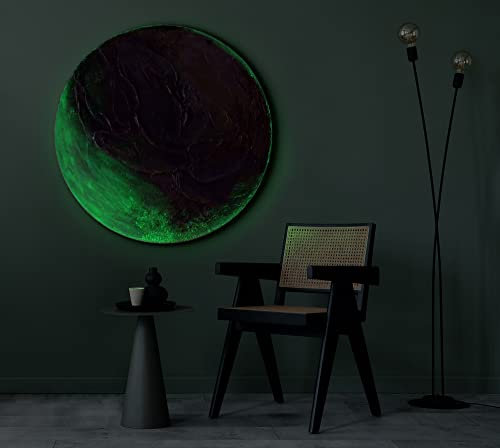 YS-Art Abstrakt Fluoreszierendes leuchtendes Acryl 3D Gemälde auf runder Leinwand Uranus handgemalt Wohnzimmer modern Wohndekor Bild grün echte Kunst 70 cm