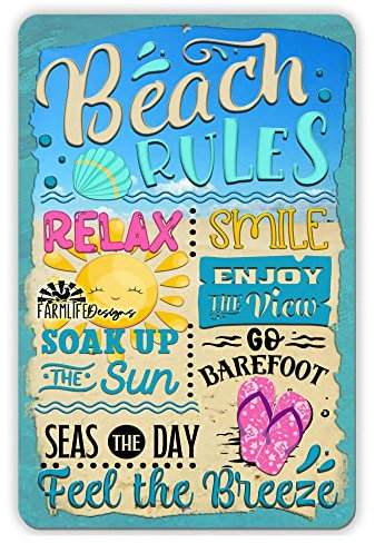 Niekea Vintage Metal Tin Sign Beach Rules Sign | Soak Up Sun, Relax, Feel the Breeze sign, Beach Decor, lake house decor, nautical sign, beach lover sign, summer sun Posters tin Sign 12x8 Inch