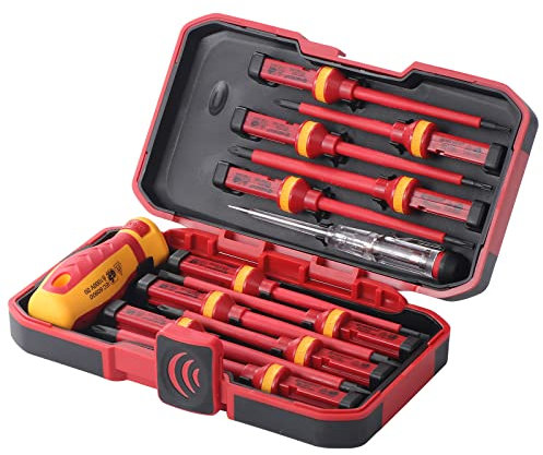 Gueenky 13 Pièces Tournevis Electricien, 1000 V Tournevis Isolant Magnétique Tournevis Plat Cruciforme Torx, Aimanté Tournevis Electricien Isolé avec Poignée