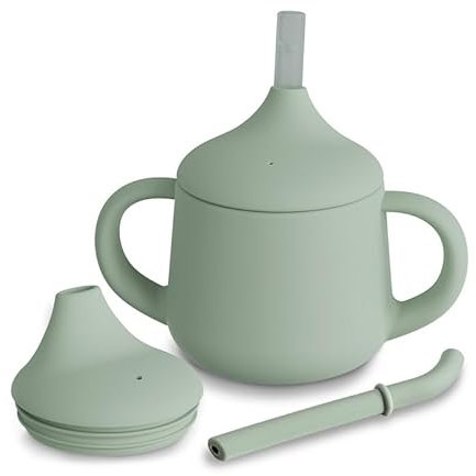 Moonkie 3 Stages Trainer Cup Trinklernbecher ab 6+ Monate | Silikon Kinder Trinkbecher mit Strohhalm | Trinkflasche für kleinkind und baby | BPA-frei | 4 oz(Sage)