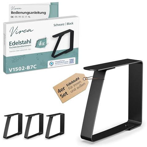 virea 4 x Tischtuchklammern Schwarz für Plattenstärke von 5cm - - Tischdeckenklammern aus Edelstahl für innen und außen - - Leicht abwaschbare Tischtuchklemmen - - Klemmen mit abgerundeten Kanten