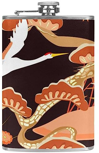 Hip Flask with Funnel Personalized Flasks,Mushroom Birds Flower Crane,Portable Stainless Steel Small Flagon for Liquor